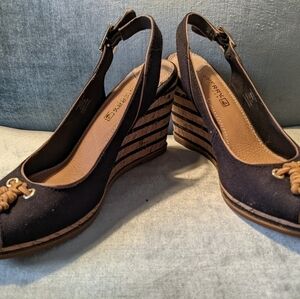 𝅺SPERRY Black Top-sider Mabel Canvas Slingback Wedges Sandals Women's 8.5